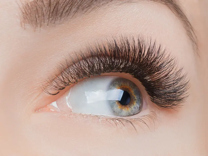 Close-up of an open eye with a full, natural-looking set of lash extensions